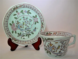 Adams China England Singapore Bird Green and Floral Ironstone Cup and Saucer Sets of Three.
