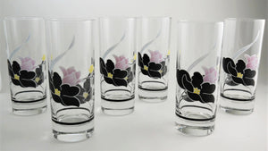 Luminarc Black and Pink/ Lavender Floral Anais 8 oz Tumbler Glass Collection of Six. France