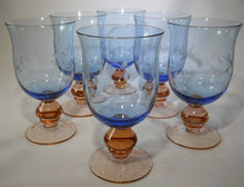 Pfaltzgraff Napoli Blue Leaf Etched Iced Tea with an Amber Stem Collection of Six. 