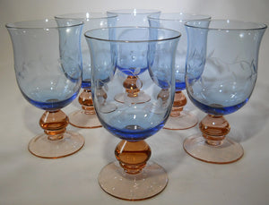 Pfaltzgraff Napoli Blue Leaf Etched Iced Tea with an Amber Stem Collection of Six. 