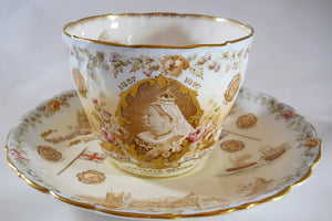 John Aynsley & Son "Queen Victoria" Illustrated Commemorative Antique 1897 Tea Cup/Saucer