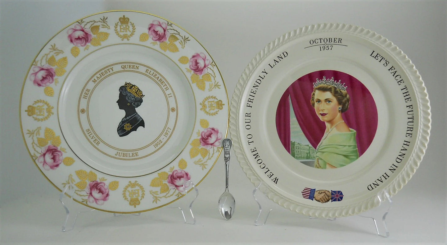 Queen Elizabeth II Commemorative Limited Edition 1977 Coalport and 1957 USA Visit Plate Collection with 1953 Silver Plated Coronation Spoon