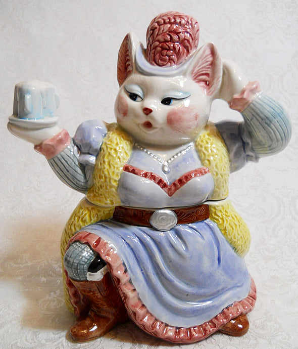 Miss Kitty Sassy Saloon Cowboy Cat Cookie Jar by OCI Omnibus /Fitz and Floyd. Hand-Painted, c 1990's