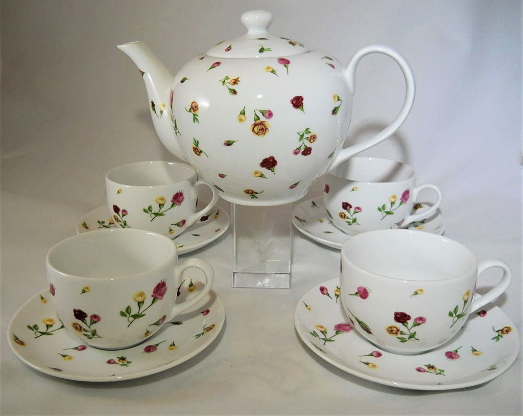 Royal Albert Country Rose Buds 9-Piece Teapot, Cup, and Saucer Collection