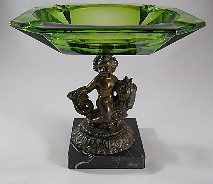 Vintage Emerald Glass & Brass Cherub and Koi Fish Pedestal on Black Marble Multi Use Tray