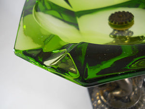 Vintage Emerald Glass & Brass Cherub and Koi Fish Pedestal on Black Marble Multi Use Tray.