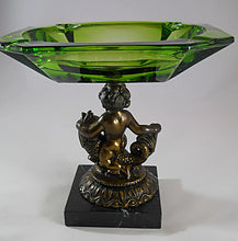 Vintage Emerald Glass & Brass Cherub and Koi Fish Pedestal on Black Marble Multi Use Tray