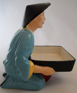 Mid Century Ceramic Asian Male Figurine w/Serving Tray/ Card Holder- Hand Painted
