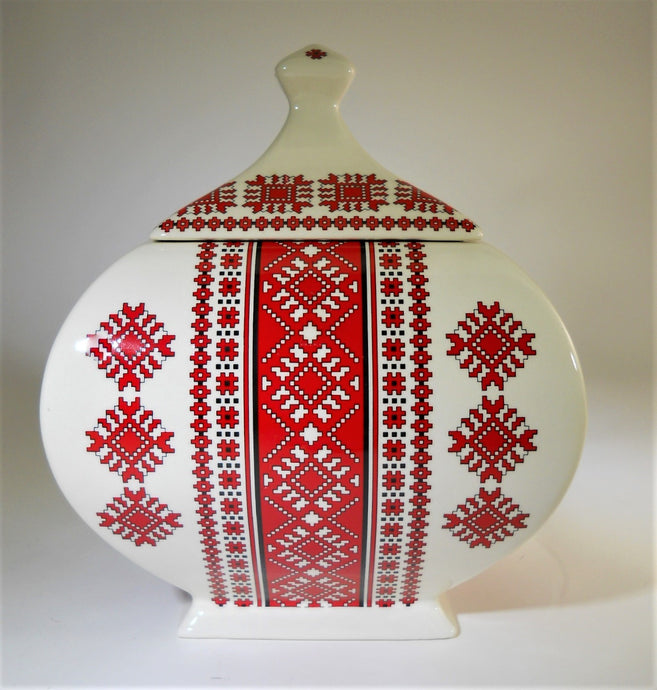 Ukranian Arts Ceramic Red Cross-Stitch Embroidery Lidded Jar