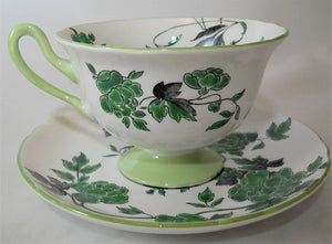 Shelley England Ovington Fine Bone China Green and Black Floral Tea Cup and Saucer Set