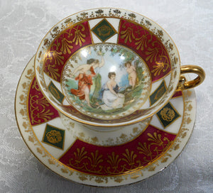 Oscar Schlegelmilch Porcelain Red/ Green/ Gilt Ornamental Coffee Service with Seven Demitasse Cup/ Saucer Sets, 1900-1941