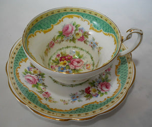 E.B. Foley England Windsor Green/ tan and Floral Bone China Tea Cup and Saucer Set