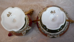Oscar Schlegelmilch Porcelain Red/ Green/ Gilt Ornamental Coffee Service with Seven Demitasse Cup/ Saucer Sets, 1900-1957