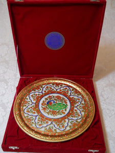 Gold Leaf and White Marble 12" Meenakari Mughal Style Handcrafted Plate with Stand