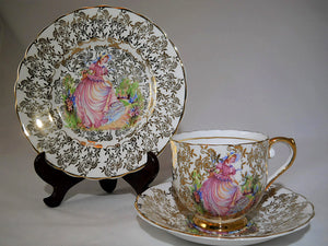 Lubern England Bone China "Pinkie" Hand Painted 3-Piece Tea Cup, Saucer and Plate Set.