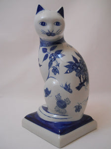 Vintage Blue and White Porcelain Cat Statue. Hand Painted