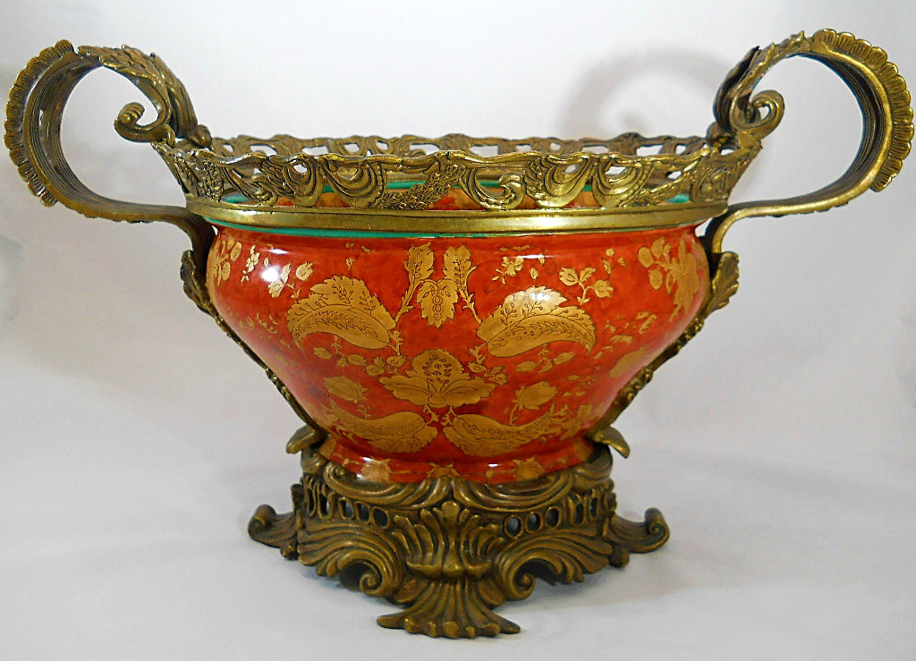 Mark Roberts Orange Rust Under Glaze Porcelain and Bronze Metal Centerpiece Bowl