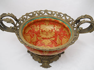 Mark Roberts Orange Rust Under Glaze Porcelain and Bronze Metal Centerpiece Bowl