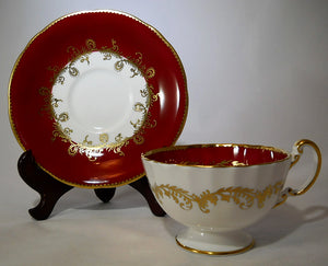 Aynsley Deep Red & White With Gold Scroll English Bone China Tea Cup and Saucer Set.