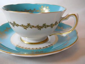 Royal Grafton England Teal and Gold Fine Bone China Tea Cup and Saucer Pair