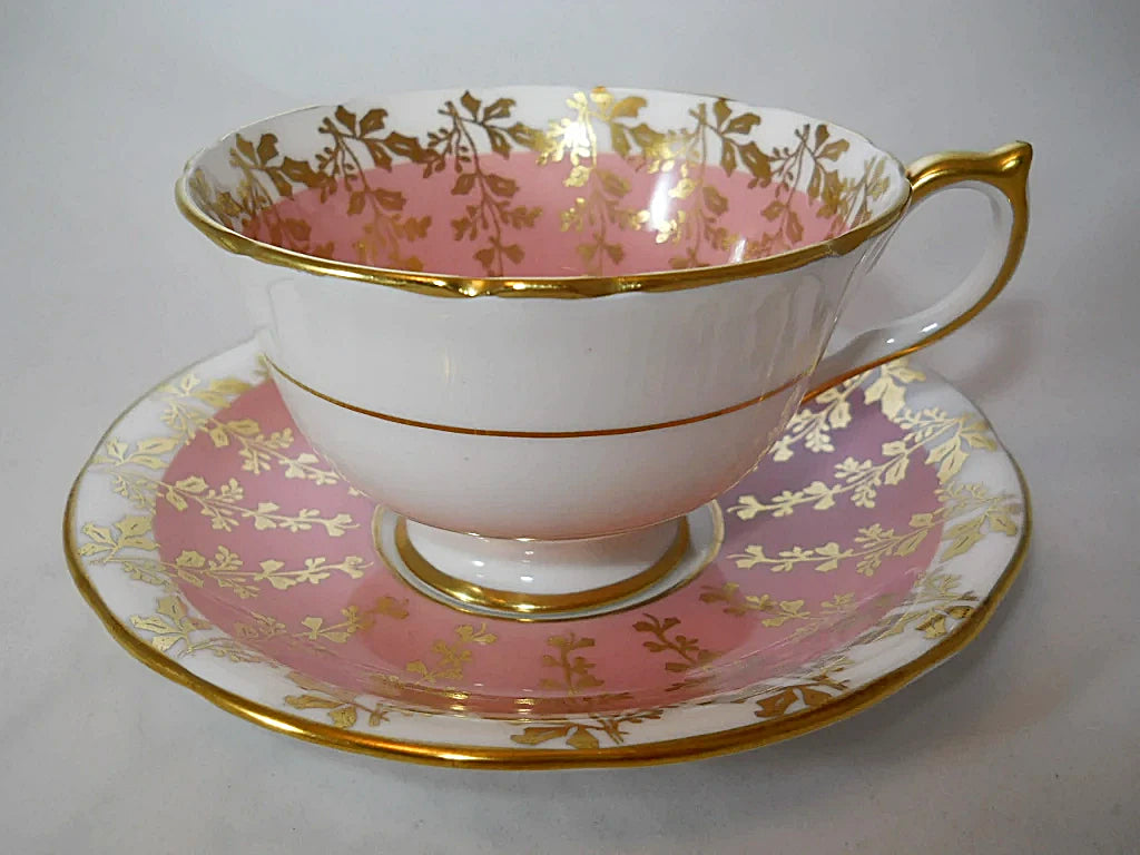 Aynsley England Pink and Gold Bone China Tea Cup and Saucer