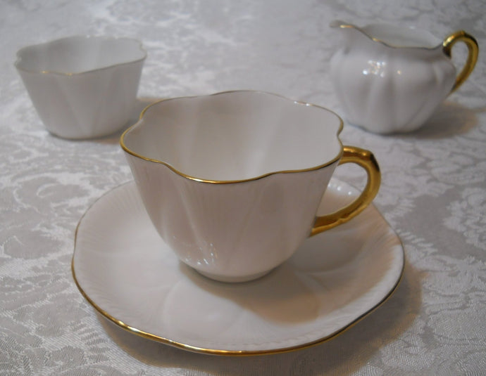 Shelley Regency White Fine Bone China Teacup/Saucer/Creamer/Open Sugar Bowl Set