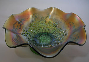 Northwood Carnival Glass Star of David and Bows Antique Green Footed Bowl