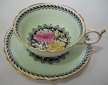 Paragon Double Royal Warrant Chrysanthemum Mint Green and Black Bone China Tea Cup and Saucer Set. England, 1939-1949 