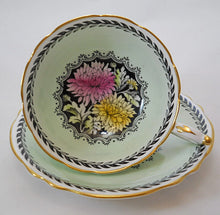 Paragon Double Royal Warrant Chrysanthemum Mint Green and Black Bone China Tea Cup and Saucer Set. England, 1939-1949 