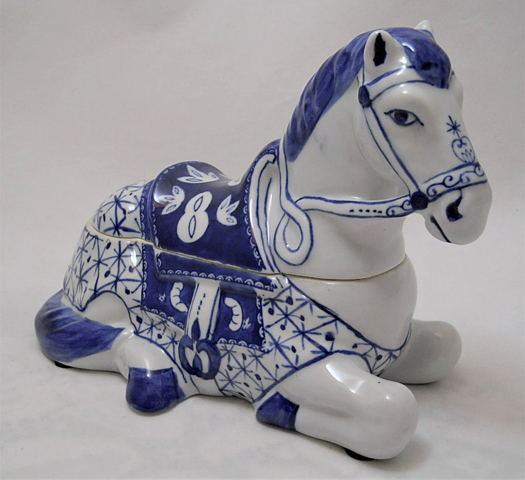Blue and White  Porcelain Two-Piece Horse Trinket Holder/ Box.