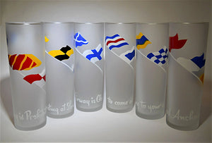 Libbey Nautical Flag Frosted Glass Tom Collins Glasses Collection of Six. c.1955-1960's