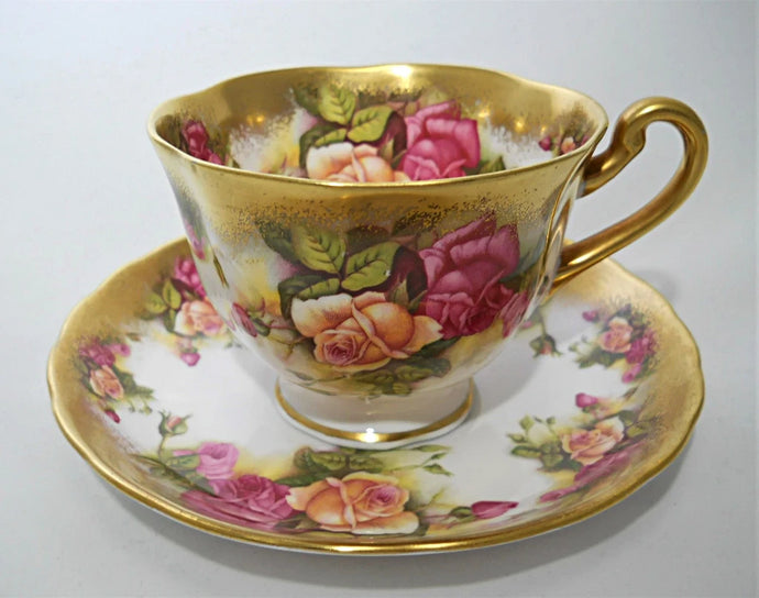 Royal Chelsea Golden Rose England Bone China Gilt and Roses Teacup/ Saucer Set