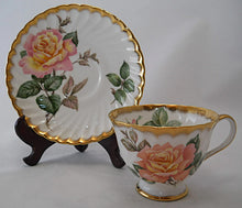 Adderley England "Peace" Pink Floral and Heavy Gold Rimmed Fine Bone China Teacup and Saucer Pair. 1947-1960. RARE design.