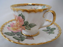 Adderley England "Peace" Pink Floral and Heavy Gold Rimmed Fine Bone China Teacup and Saucer Pair. 1947-1960. RARE design.