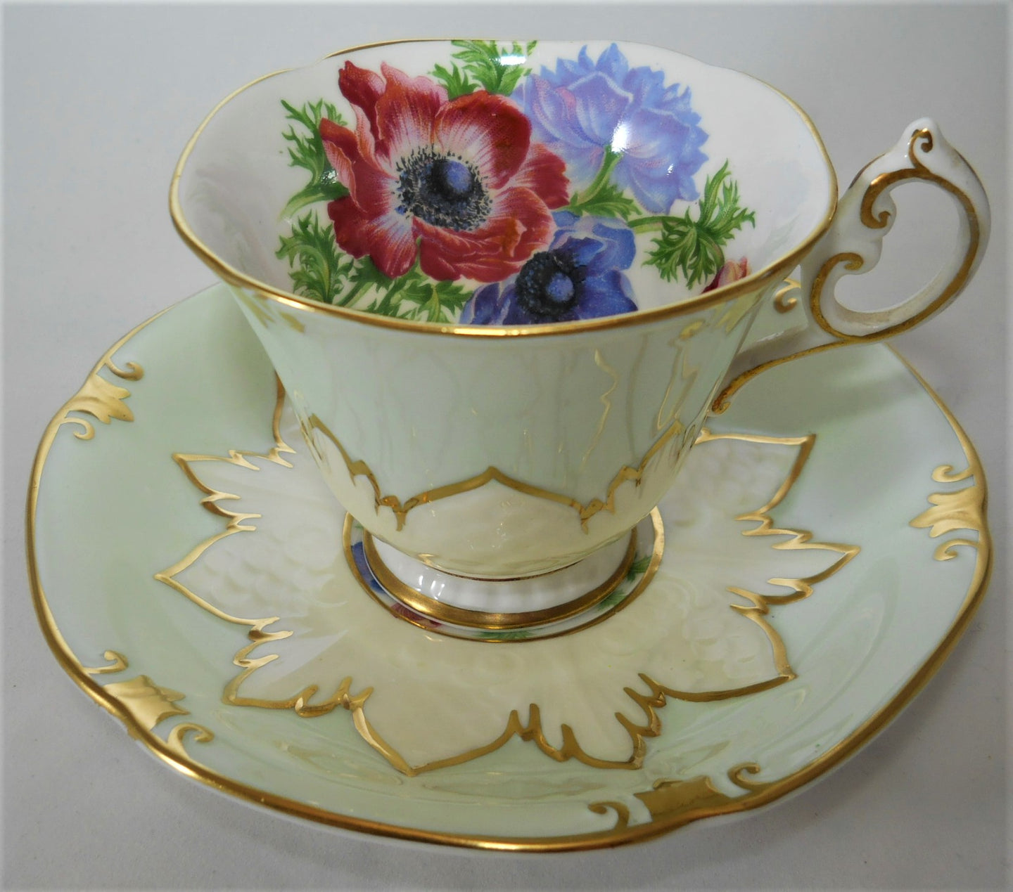 Paragon England Mint Green and White Embossed with Red/ Purple and Violet Anemone Flowers Teacup/Saucer Pair