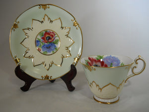 Paragon England Mint Green and White Embossed with Red/ Purple and Violet Anemone Flowers Teacup/Saucer Pair