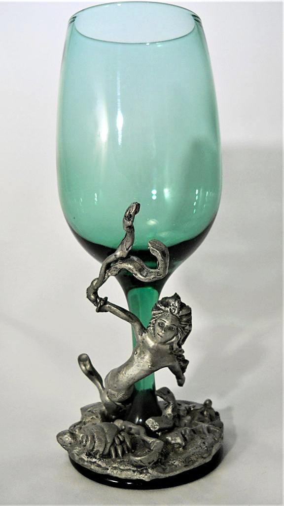  Pewter/Metal Sculpted Mermaid on Seabed Wrapped Around Aqua Wine Glass