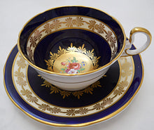Aynsley England Cobalt Blue and Gold Floral Bone China Teacup and Saucer Pair. c.1934-1939
