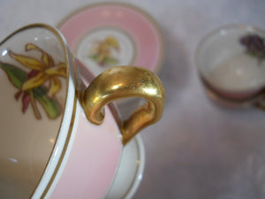 Pickard Pink and Gold Floral Hand Painted & Signed Edward S. Challinor, c.1938 Demitasse Cup/ Saucer Collection of Five