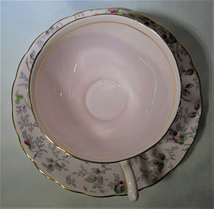 Royal Tuscan England Pink and Gray Chintz Bone China Teacup and Saucer Pair
