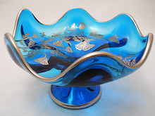 Viking Art Glass and Silver City Teal Blue Pedestal Candy Dish with Silver Floral Overlay, C. 1957