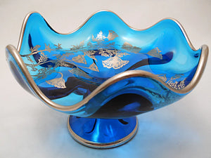 Viking Art Glass and Silver City Teal Blue Pedestal Candy Dish with Silver Floral Overlay, C. 1957