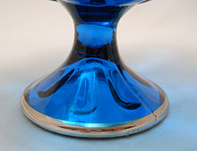 Viking Art Glass and Silver City Teal Blue Pedestal Candy Dish w/ Silver Floral Overlay, C. 1957