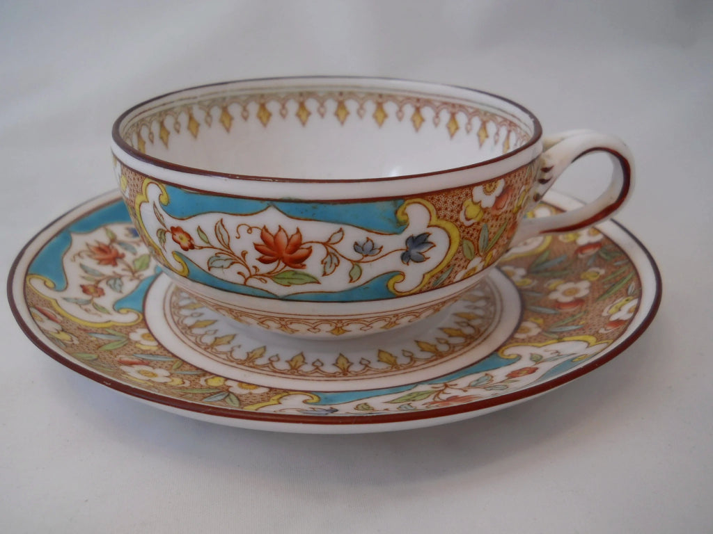 Sarreguemines Antique Faience Teal and Floral Cup and Saucer Pair. 1860-1919