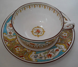 Sarreguemines Antique Faience Teal and Floral Cup and Saucer Pair. 1860-1919