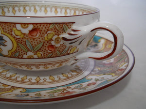 Sarreguemines Antique Teal and Floral Cup and Saucer Pair. 1860-1919