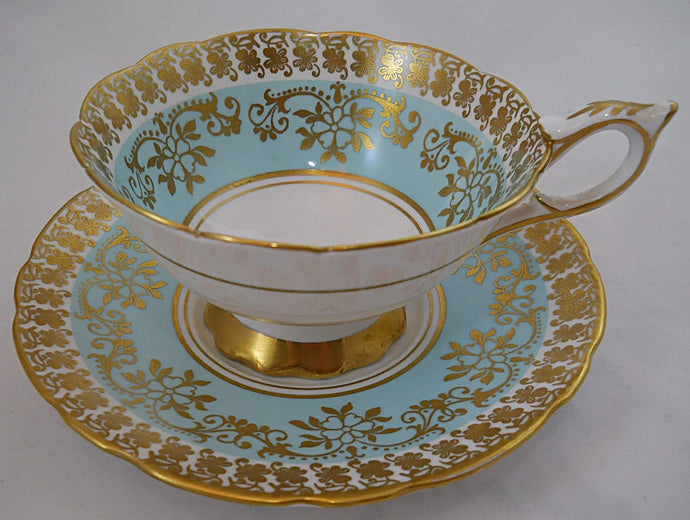 Royal Stafford England Bone China Aqua/ Turquoise and Gold Teacup and Saucer Pair, c.1952