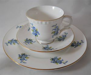 Majestic Choice England Blue Flowers Fine Bone China 3-Piece Cup and Saucer/ Plate Set. c.1972