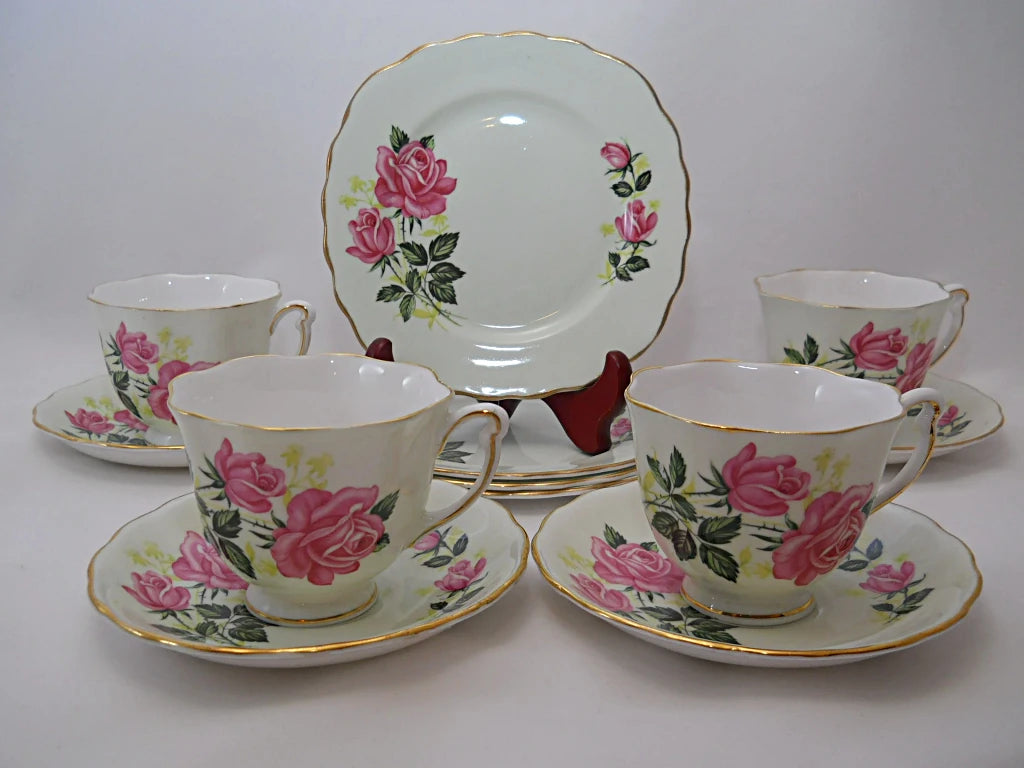 Colclough England Bone China Pale Green and Pink Roses 12-Piece Teacup, Saucer, and Plate Collection, c.1970's.