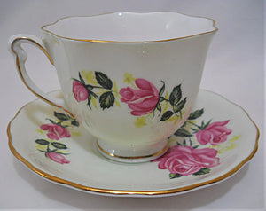 Colclough England Bone China Pale Green and Pink Roses 12-Piece Teacup, Saucer, and Plate Collection, c.1970's.